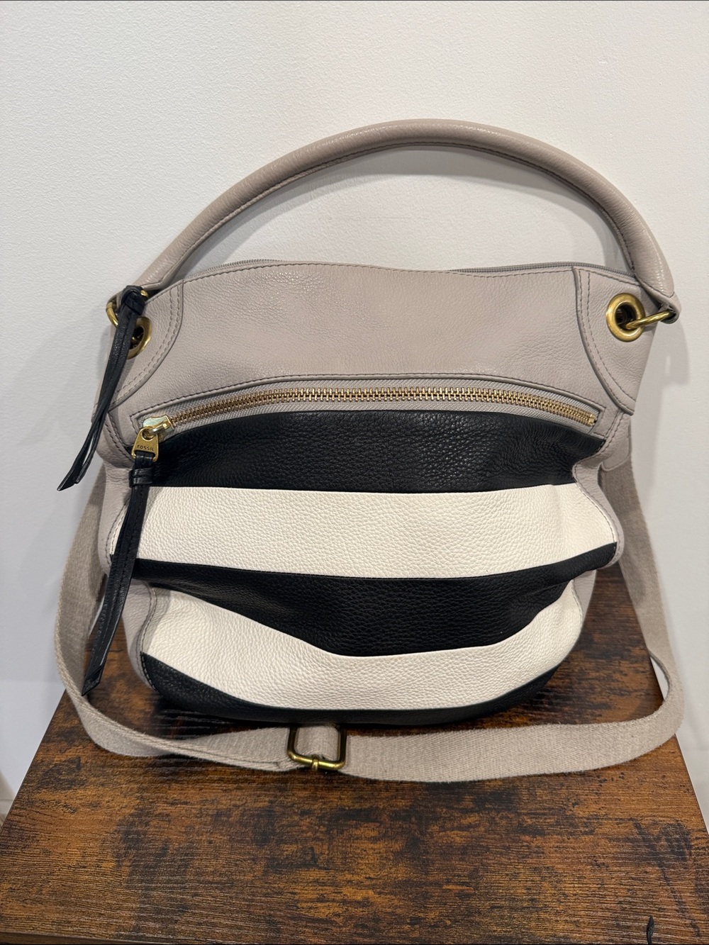 Fossil Black, White & Taupe Striped Leather Shoulder Bag
